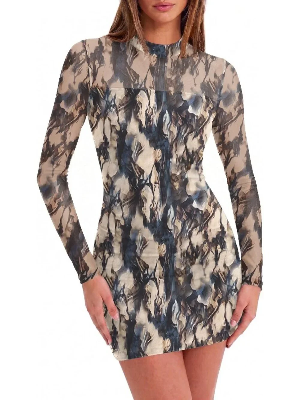 👗Women's Gary Black Mesh Sheer Long Sleeve Dress Ruched Bodycon Mock Neck Dress